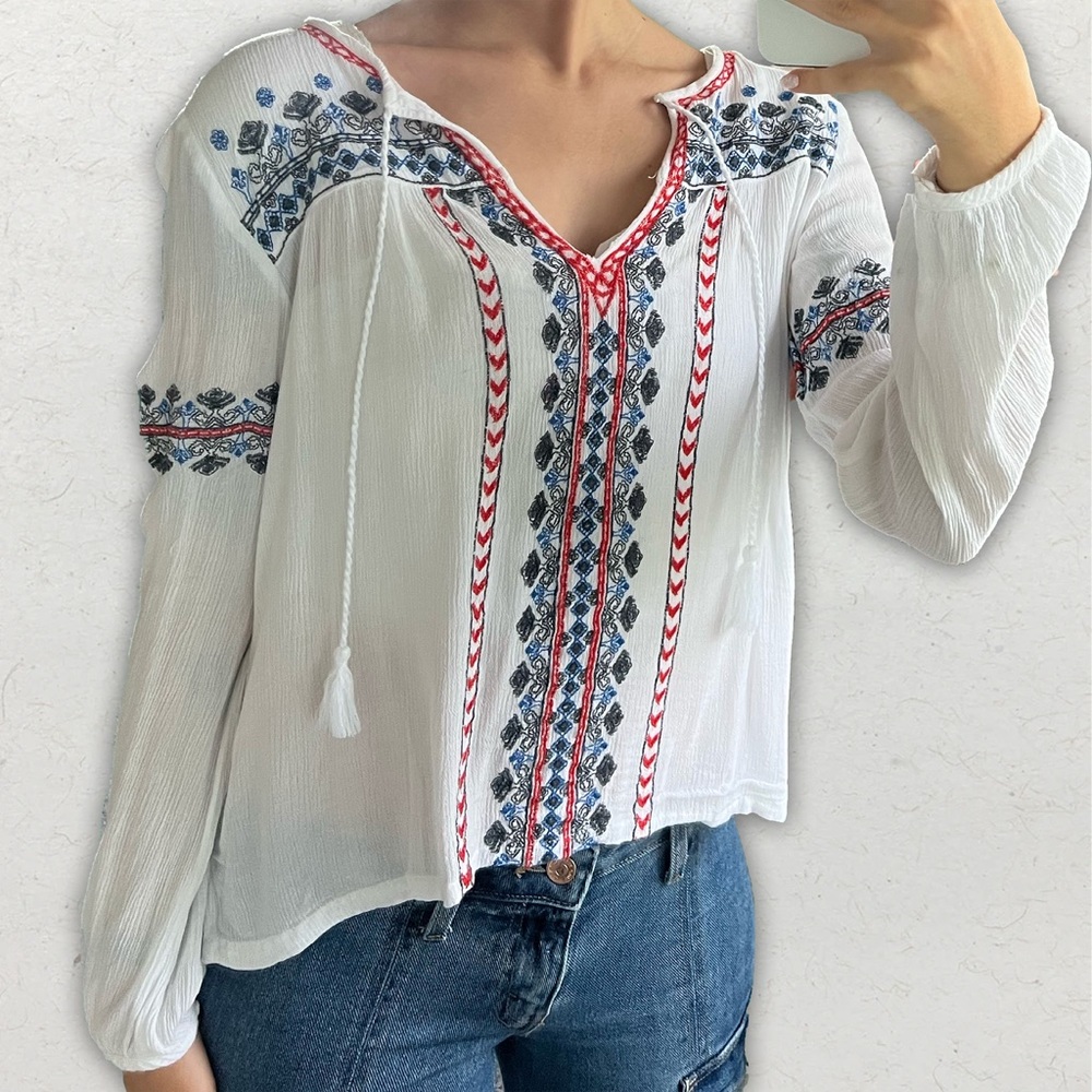 White Embroidered Bohemian Tunic Long Sleeve
